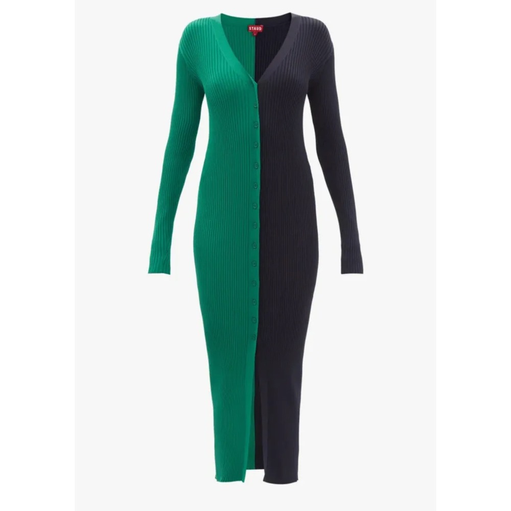 STAUD Shoko Colorblock Ribbed Midi Sweater Dress Long Sleeve Button Front XS
